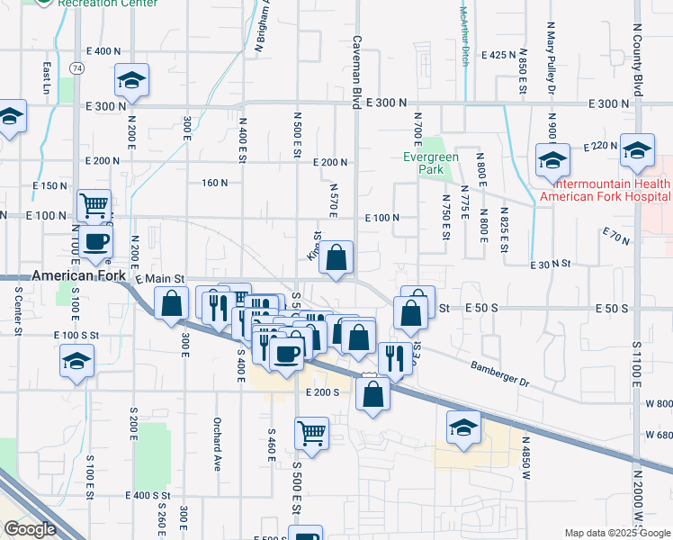 map of restaurants, bars, coffee shops, grocery stores, and more near 589 East Main Street in American Fork
