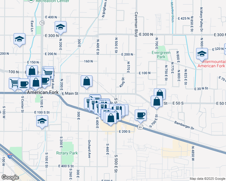 map of restaurants, bars, coffee shops, grocery stores, and more near 495 W East Main Street in American Fork