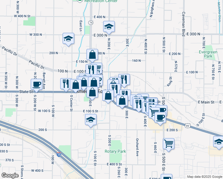 map of restaurants, bars, coffee shops, grocery stores, and more near 165 West Main Street in American Fork
