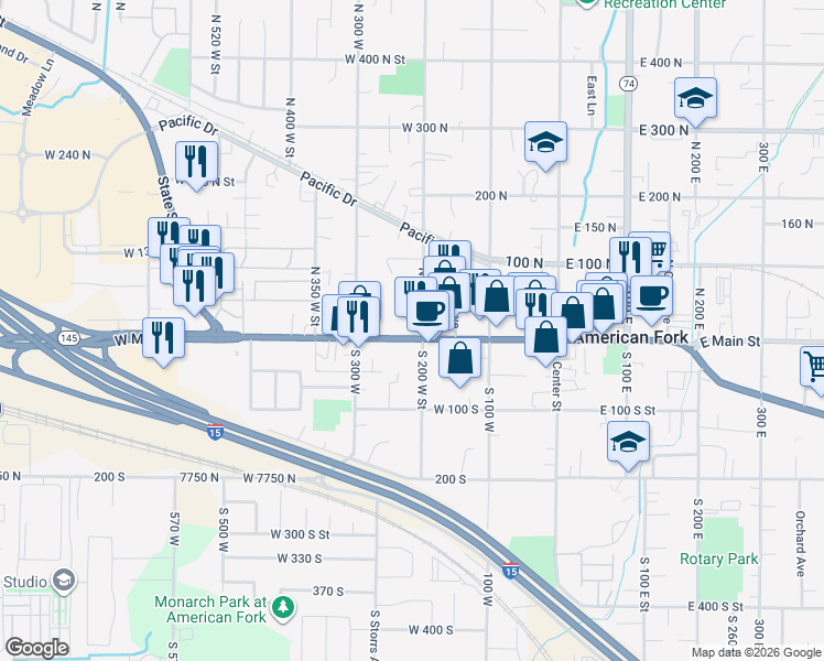 map of restaurants, bars, coffee shops, grocery stores, and more near 208 West Main Street in American Fork