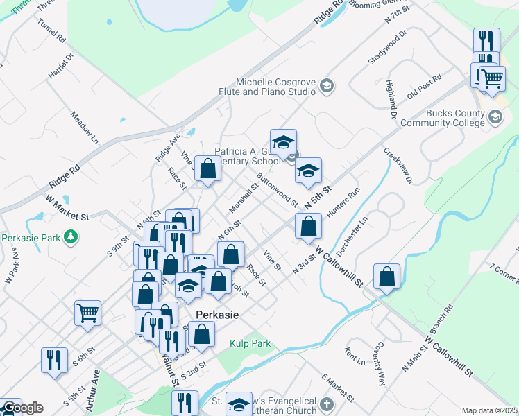 map of restaurants, bars, coffee shops, grocery stores, and more near 517 West Callowhill Street in Perkasie
