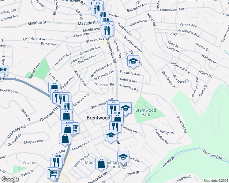 map of restaurants, bars, coffee shops, grocery stores, and more near 3310 Brownsville Road in Brentwood