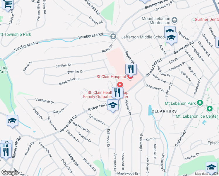 map of restaurants, bars, coffee shops, grocery stores, and more near 1150 Bower Hill Road in Pittsburgh