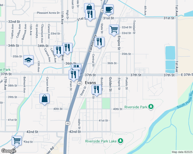 map of restaurants, bars, coffee shops, grocery stores, and more near 3702 Central Street in Evans