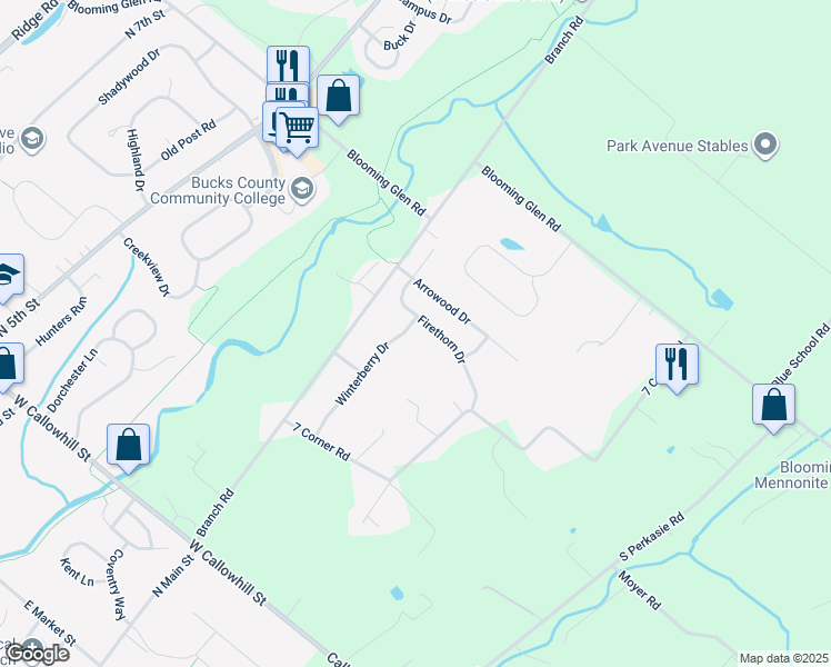 map of restaurants, bars, coffee shops, grocery stores, and more near 3 Winterberry Drive in Perkasie