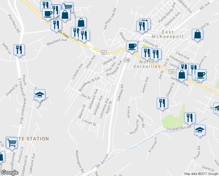 map of restaurants, bars, coffee shops, grocery stores, and more near 116 Lawrence Ave in North Versailles