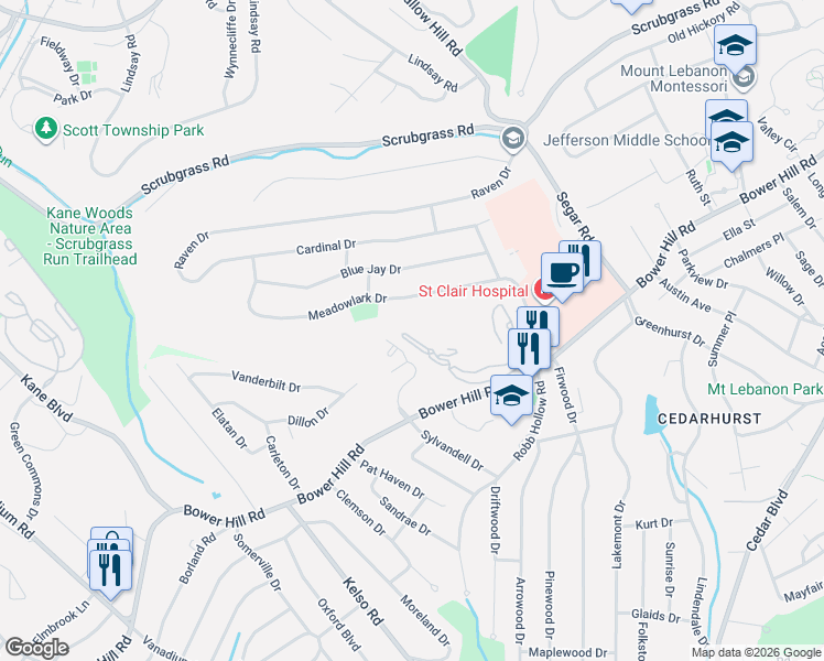 map of restaurants, bars, coffee shops, grocery stores, and more near 1170 Bower Hill Road in Pittsburgh