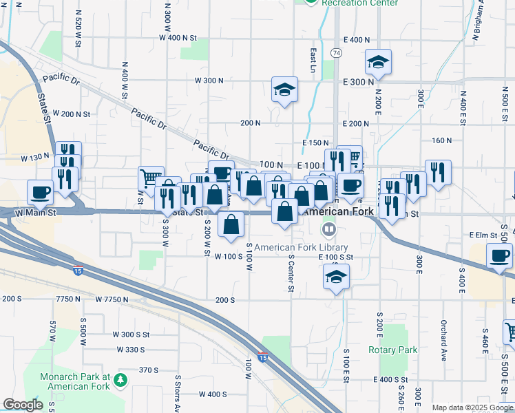 map of restaurants, bars, coffee shops, grocery stores, and more near 98 West Main Street in American Fork