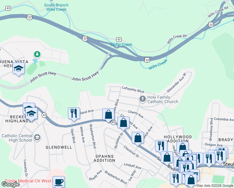 map of restaurants, bars, coffee shops, grocery stores, and more near 309 Wilshire Boulevard in Steubenville