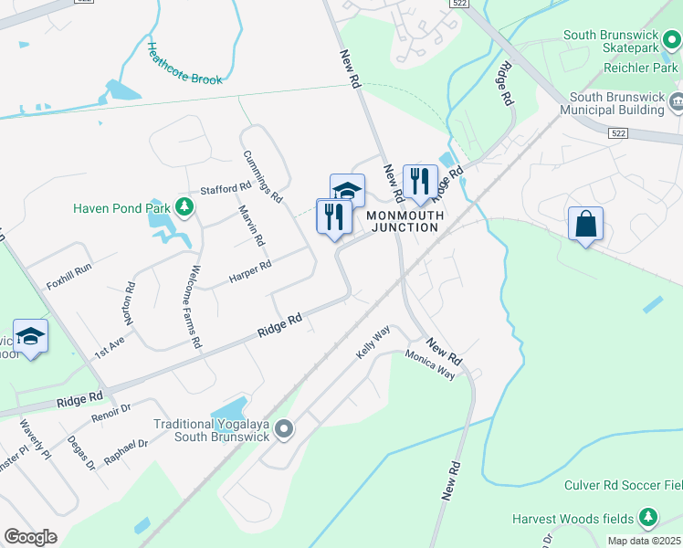 map of restaurants, bars, coffee shops, grocery stores, and more near 648 Ridge Road in South Brunswick Township