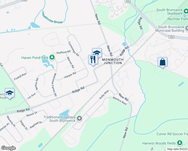map of restaurants, bars, coffee shops, grocery stores, and more near 648 Ridge Road in South Brunswick Township