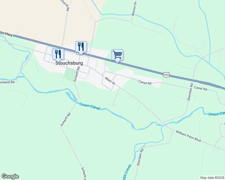 map of restaurants, bars, coffee shops, grocery stores, and more near 10 Main Street in Womelsdorf