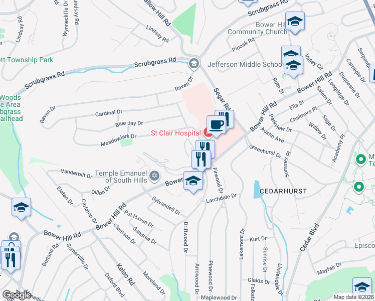 map of restaurants, bars, coffee shops, grocery stores, and more near 1160 Bower Hill Road in Pittsburgh