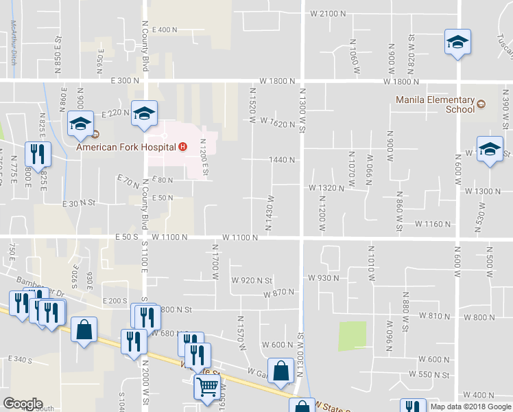 map of restaurants, bars, coffee shops, grocery stores, and more near 1232 North 1520 West in Pleasant Grove