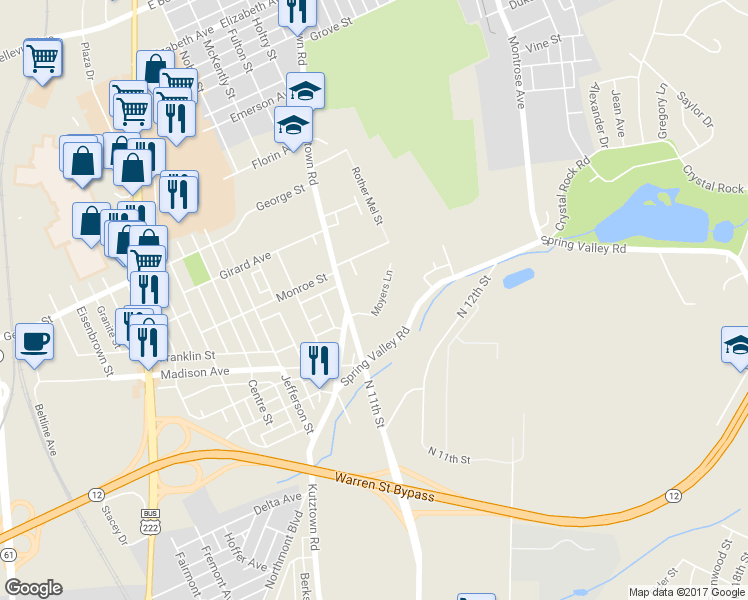 map of restaurants, bars, coffee shops, grocery stores, and more near 2812 Moyers Ln in Reading