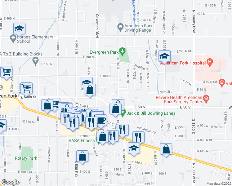 map of restaurants, bars, coffee shops, grocery stores, and more near 17 North 700 East Street in American Fork