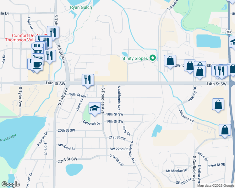 map of restaurants, bars, coffee shops, grocery stores, and more near 1401 South California Avenue in Loveland