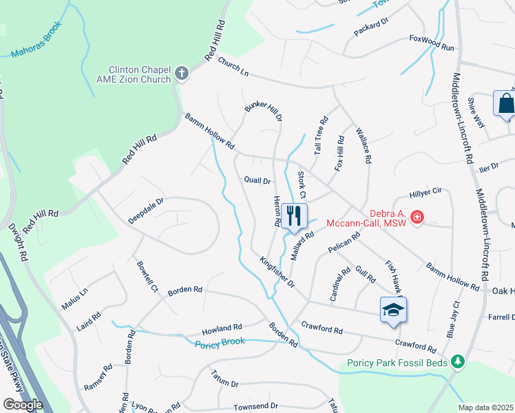map of restaurants, bars, coffee shops, grocery stores, and more near 66 Kingfisher Drive in Middletown Township
