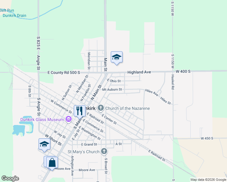 map of restaurants, bars, coffee shops, grocery stores, and more near North Johnson Street in Dunkirk