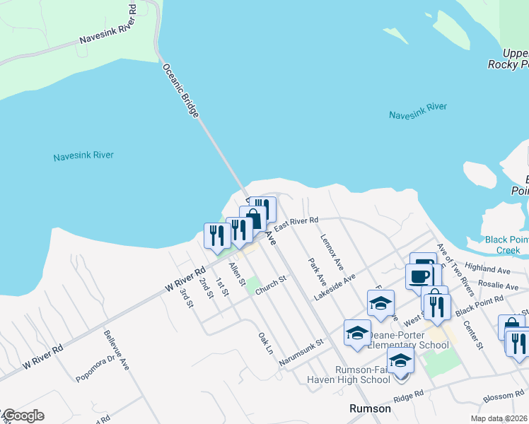 map of restaurants, bars, coffee shops, grocery stores, and more near 17 Bingham Avenue in Rumson