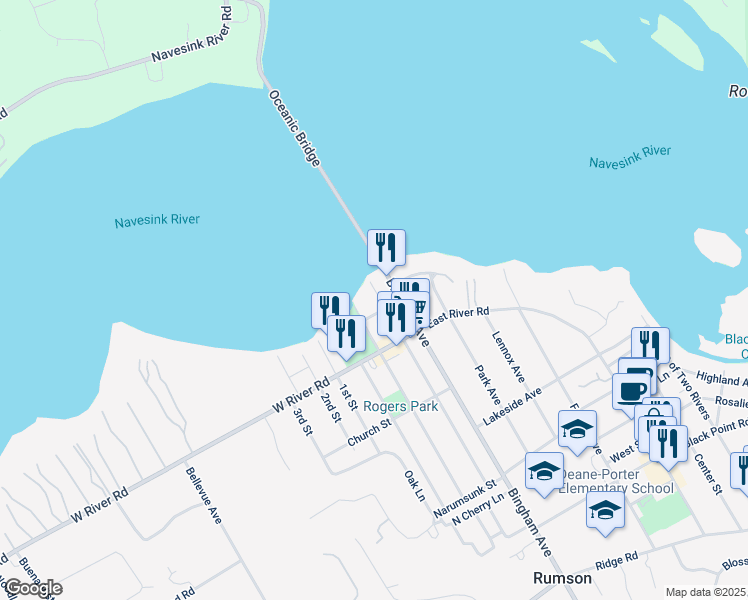 map of restaurants, bars, coffee shops, grocery stores, and more near 10 Washington Street in Rumson