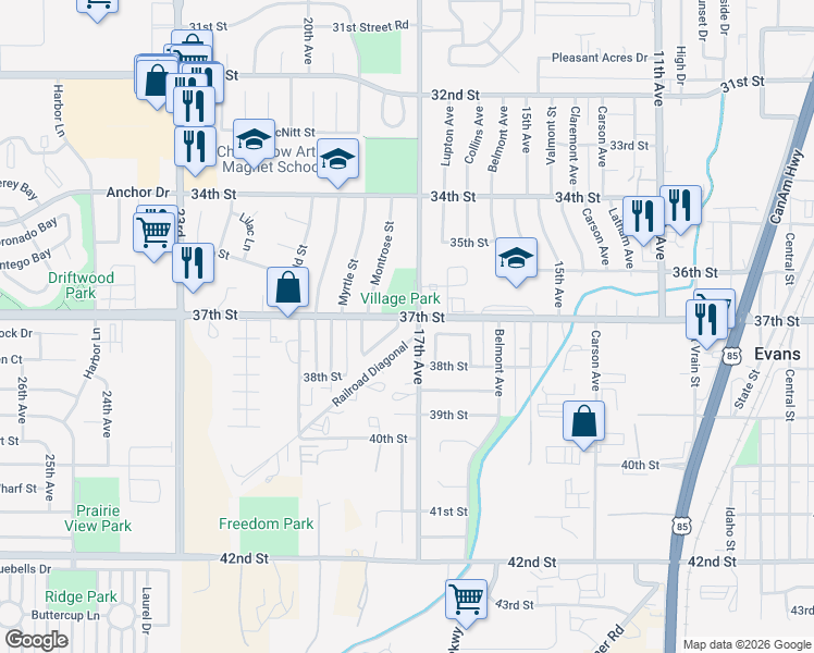 map of restaurants, bars, coffee shops, grocery stores, and more near 3706 Whitney Way in Evans
