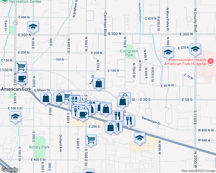 map of restaurants, bars, coffee shops, grocery stores, and more near 632 East 30 North in American Fork