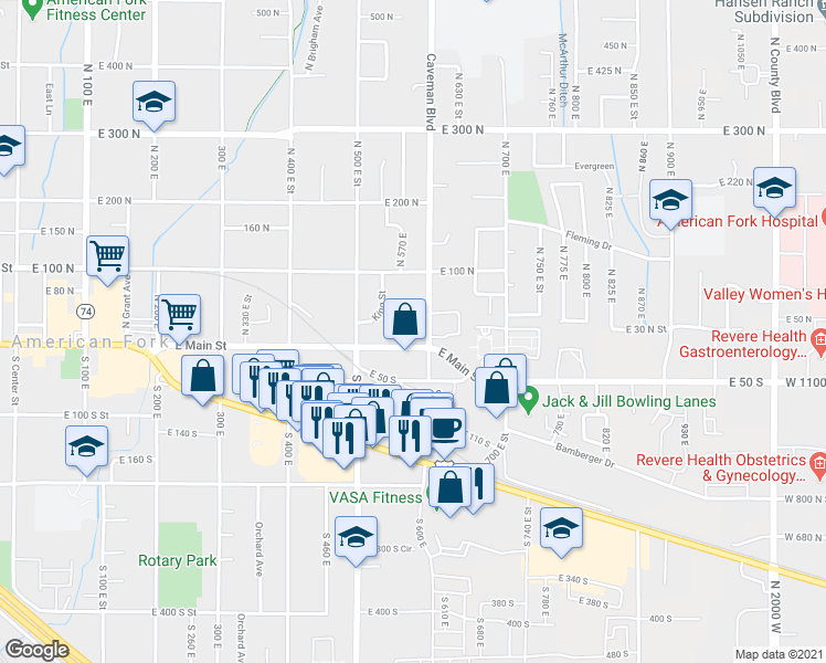 map of restaurants, bars, coffee shops, grocery stores, and more near 589 East Main Street in American Fork