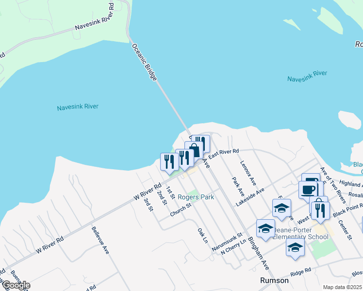 map of restaurants, bars, coffee shops, grocery stores, and more near 10 Washington Street in Rumson