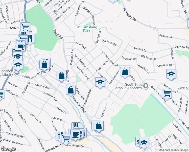 map of restaurants, bars, coffee shops, grocery stores, and more near 440 Fruithurst Drive in Mount Lebanon