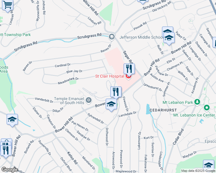 map of restaurants, bars, coffee shops, grocery stores, and more near 1160 Bower Hill Road in Pittsburgh