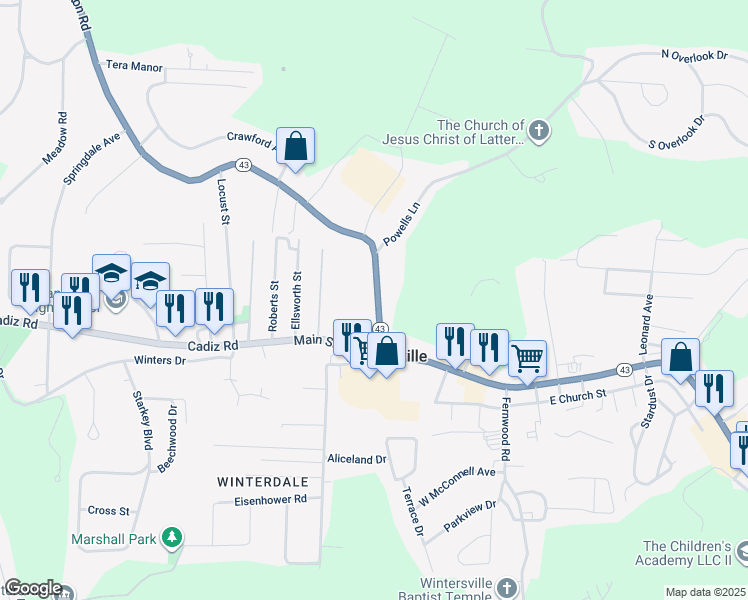 map of restaurants, bars, coffee shops, grocery stores, and more near 145 Canton Road in Steubenville