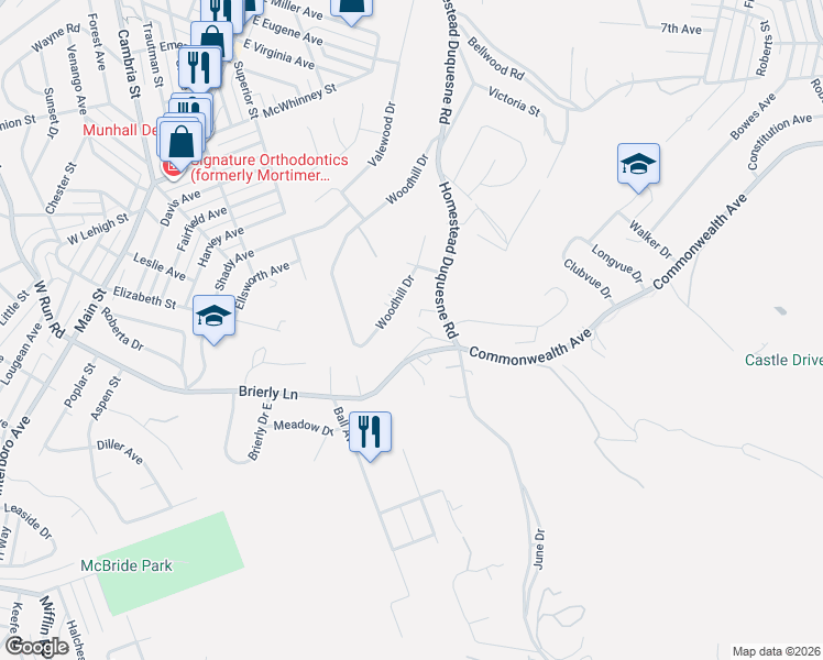 map of restaurants, bars, coffee shops, grocery stores, and more near 1143 Brierly Ln in Munhall