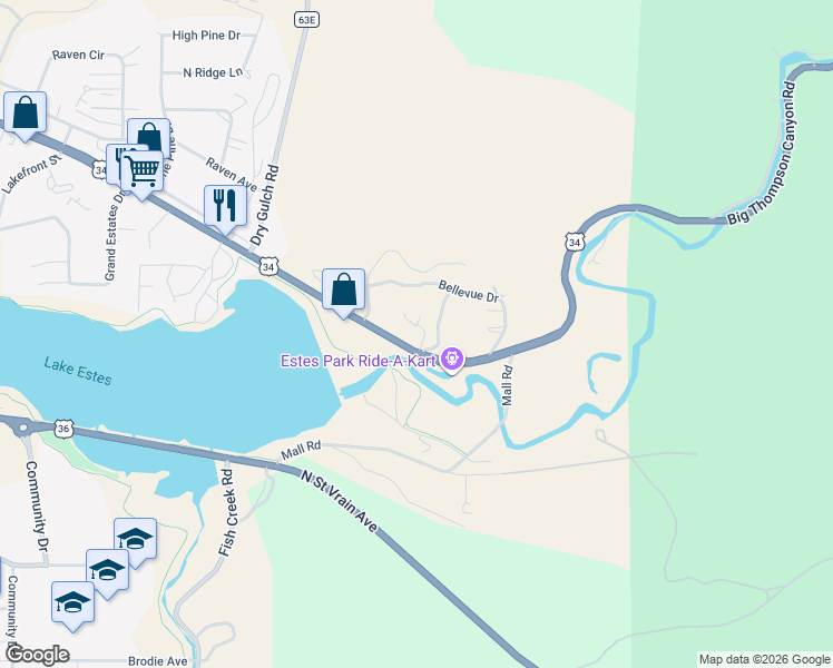 map of restaurants, bars, coffee shops, grocery stores, and more near 196 Olympus Lane West in Estes Park