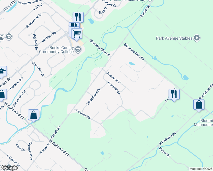 map of restaurants, bars, coffee shops, grocery stores, and more near 3 Winterberry Drive in Perkasie