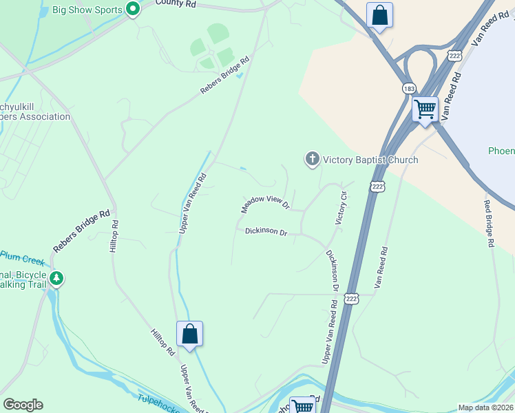 map of restaurants, bars, coffee shops, grocery stores, and more near 108 Meadow View Drive in Reading