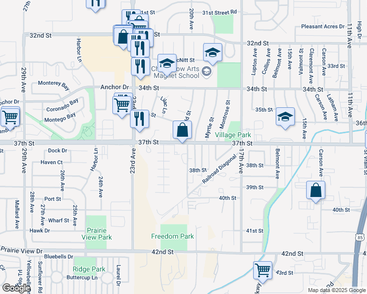 map of restaurants, bars, coffee shops, grocery stores, and more near 2000 37th Street in Evans