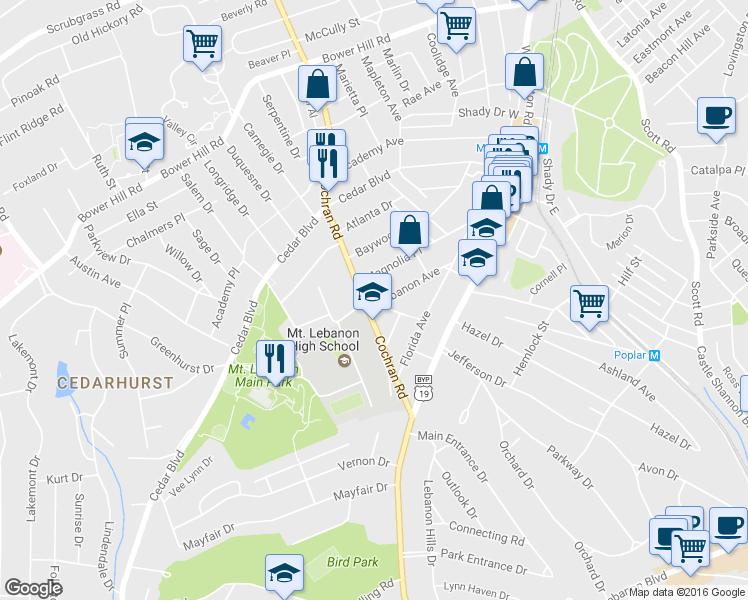 map of restaurants, bars, coffee shops, grocery stores, and more near 300 Lebanon Avenue in Pittsburgh