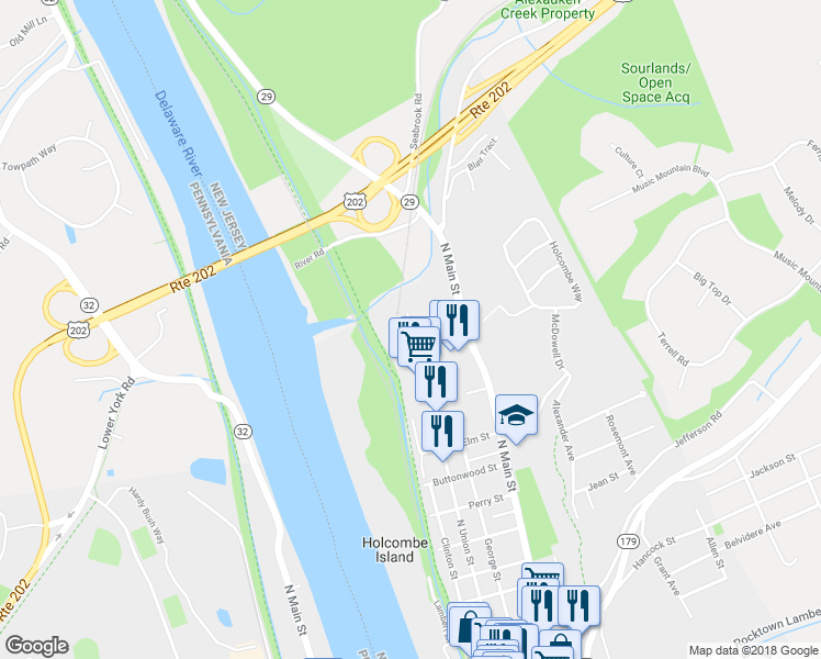 map of restaurants, bars, coffee shops, grocery stores, and more near 314 North Union Street in Lambertville