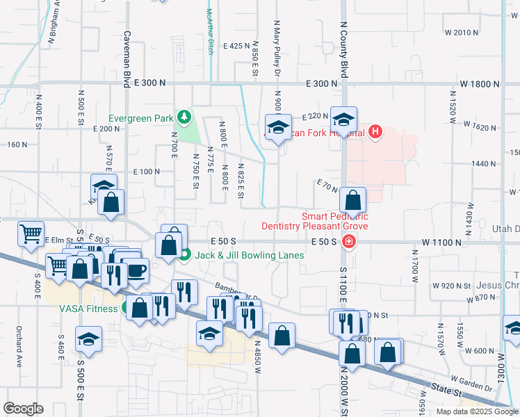 map of restaurants, bars, coffee shops, grocery stores, and more near 851 East 30 North in American Fork