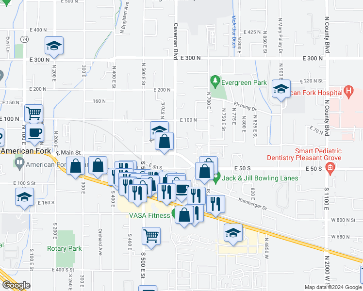 map of restaurants, bars, coffee shops, grocery stores, and more near 619 East 30 North in American Fork