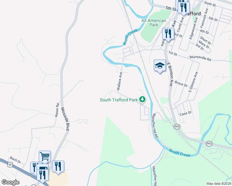 map of restaurants, bars, coffee shops, grocery stores, and more near 305 Wallace Avenue in Trafford