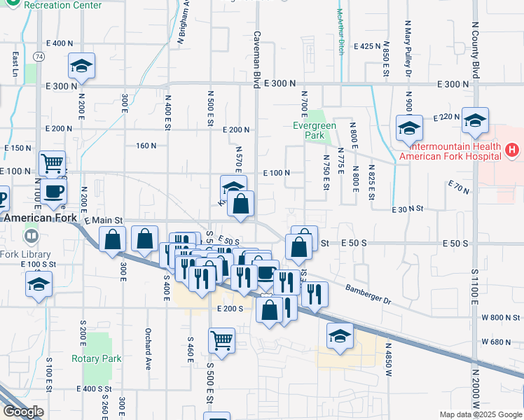 map of restaurants, bars, coffee shops, grocery stores, and more near 611 East 30 North in American Fork