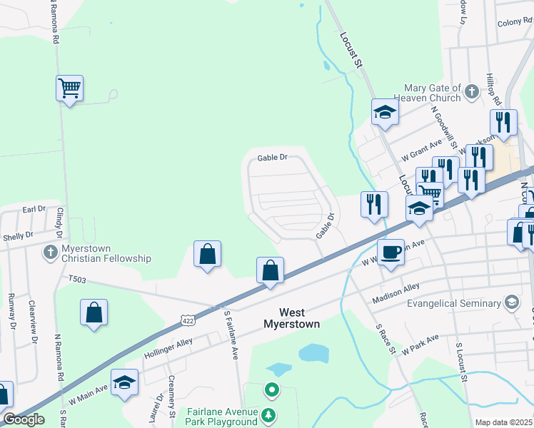 map of restaurants, bars, coffee shops, grocery stores, and more near 203 Limestone Drive in Myerstown