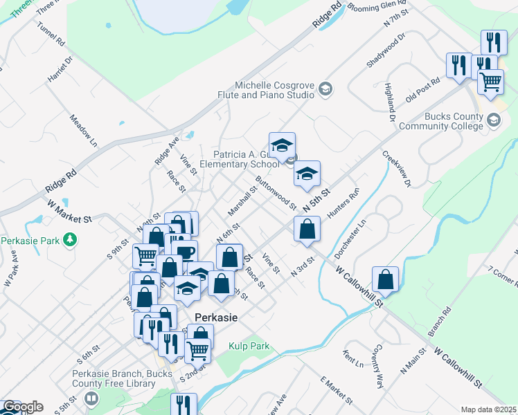 map of restaurants, bars, coffee shops, grocery stores, and more near 360 North 6th Street in Perkasie
