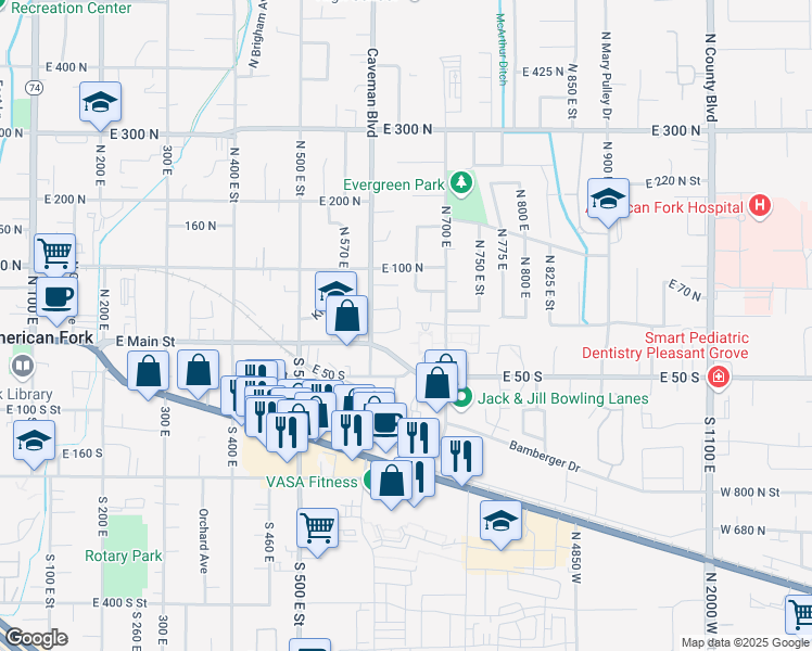 map of restaurants, bars, coffee shops, grocery stores, and more near 34 North 640 East in American Fork