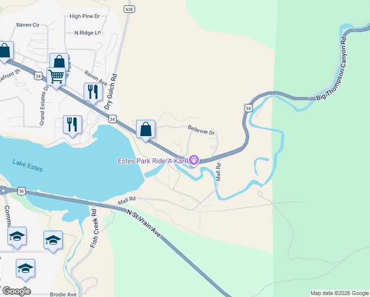 map of restaurants, bars, coffee shops, grocery stores, and more near 196 Olympus Lane West in Estes Park