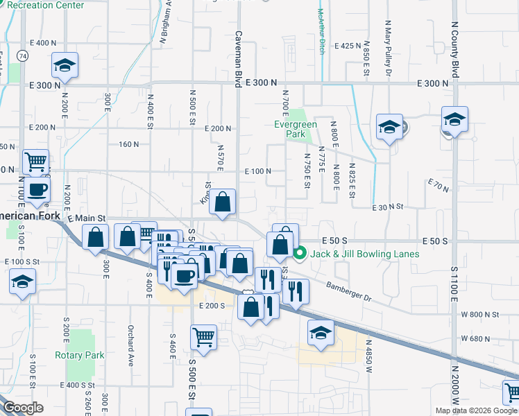 map of restaurants, bars, coffee shops, grocery stores, and more near 632 East 30 North in American Fork