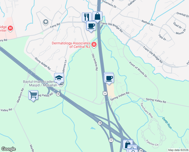 map of restaurants, bars, coffee shops, grocery stores, and more near 49 Old Amboy Road in Old Bridge