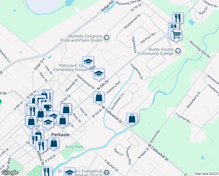 map of restaurants, bars, coffee shops, grocery stores, and more near 609 Hunters Run in Perkasie